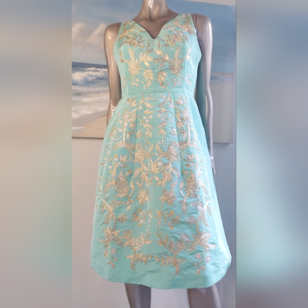 ^□$6,000 OSCAR DE LA RENTA OCEAN GREEN SILK GOLD EMBROID RUNWAY DRESS 10